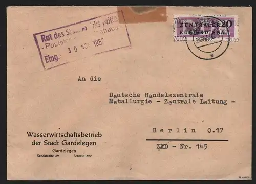 B13976 DDR ZKD Brief 1957 11 7002 Gardelegen Wasserwirtschaftsbetrieb an DHZ Met