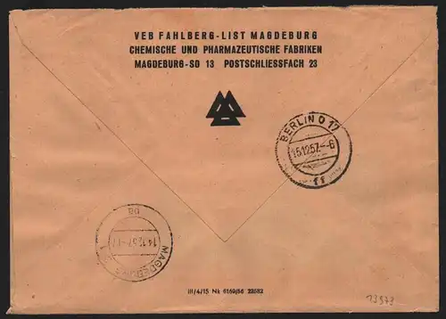 B13973 DDR ZKD Brief 1957 12 7000 Magdeburg VEB Fahlberg List  an nach Berlin