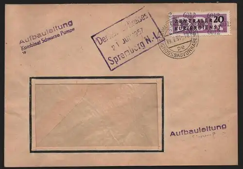B13965 DDR ZKD Brief 1957 11 6012 Spremberg Aufbauleitung Kombinat Schwarze Pump