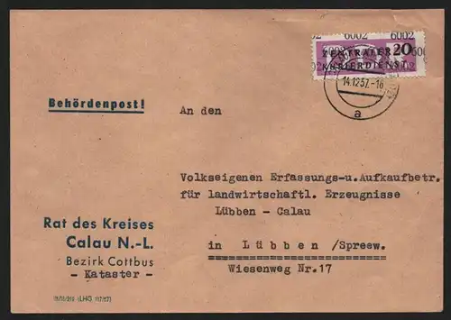 B13951 DDR ZKD Brief 1957 15 6002 Calau Rat des Kreises  an nach Lübben Spreewal
