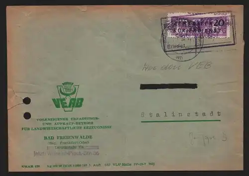 B13938 DDR ZKD Brief 1957 11 5005 Bad Freienwalde Aufkaufbetrieb Landwirtschaftl