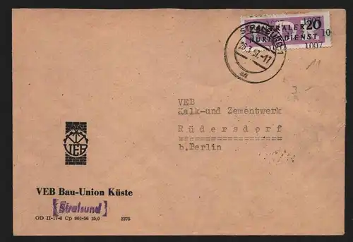 B13859 DDR ZKD Brief 1957 11 1007 Stralsund VEB Bau-Union Küste  an Kalkwerk Rüd