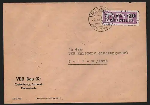 B13984 DDR ZKD Brief 1957 11 7011 Osterburg VEB Bau an Hartzerkleinerungswerk Te
