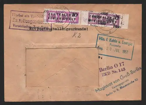 B14270 DDR ZKD Brief 1957 13, 14 1600 Berlin Ministerien Ministerium für Kohle u