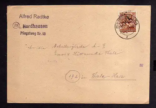 h575 Brief Handstempel Bezirk 16 Nordhausen 1.7.48 gepr. BPP nach Thale
