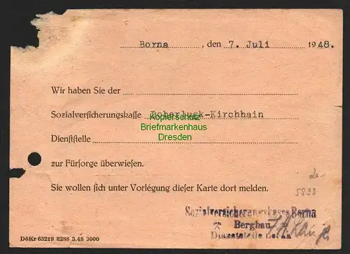 h5939 SBZ Handstempel Bezirk 27 Borna Drucksache Sozialversicheungskasse Bergbau