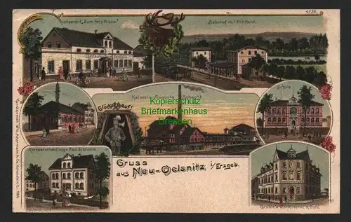 146539 AK Litho Neu Oelsnitz im Erzgebirge 1908 Restaurant Turnhalle Bahnhof mit