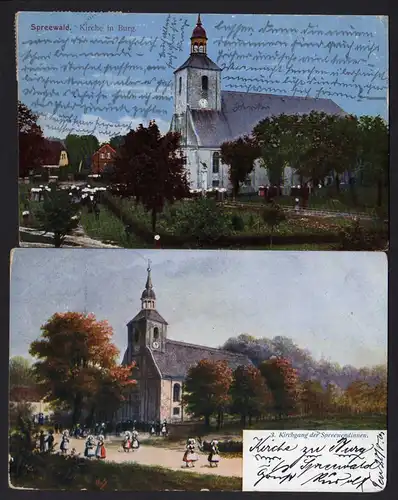 38366 2 AK Kirchgang der Spreewendinnen 1901 Kirche u Burg Spreewald 1920