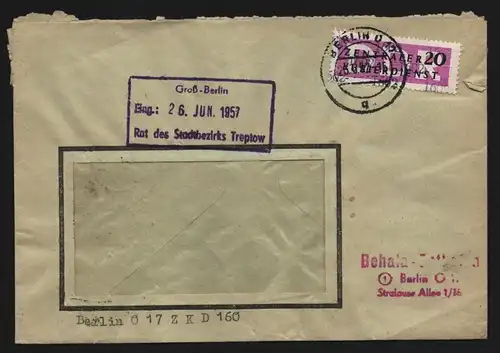 B13384 DDR Dienst ZKD 15 1602 Brief 1957 Berlin Behala Osthafen Berliner Hafen-
