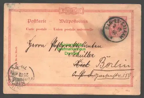 B7896 Deutsch Ostafrika DOA Ganzsache Dar-Es-Salaam 1892 nach Kiel Nachs. Berlin