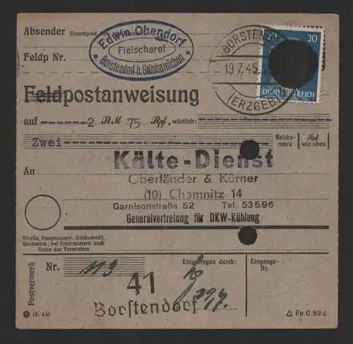 B-14497 Postanweisung Sächsische Schwärzung Borstendorf 19.7.45 nach Chemnitz