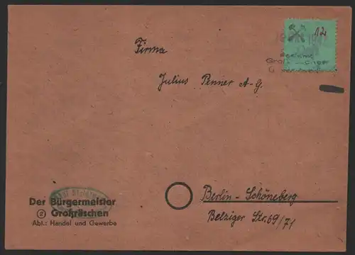 B-14552 Brief Lokalausgabe Großräschen Notstempel 19. Okt 1945 Der Bürgermeister