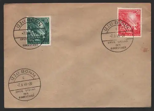 B-14532 BRD 111 112 FDC 7.9.49 Bonn Erste Sitzung des Bundestages