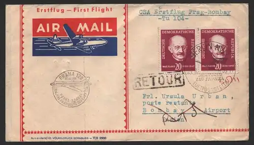 B-14583 Brief CSA Erstflug Prag Bombay 1959 über Berlin NW7 Luftpoststelle