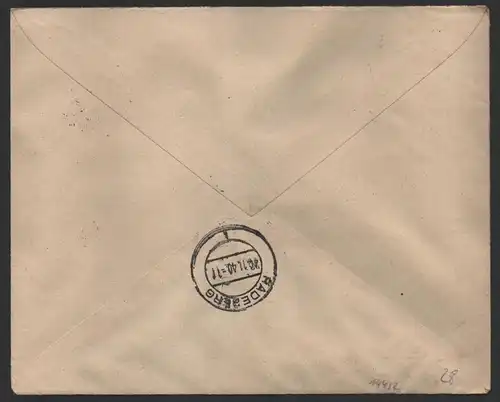 B-14412 Brief DR ZD S215 - S218 aus Automatenrolle Einschreiben Leipzig 1940 nac