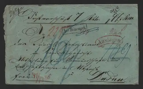 B-14491 Brief nach Dresden aus Dänemark über Hamburg um 1860 viele Taxvermerke