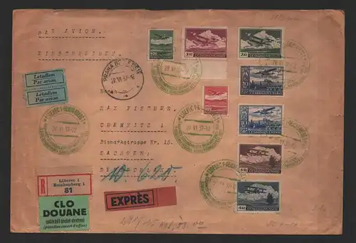 B-14492 Brief Luftpost Liberec Reichenberg 1937 nach Chemnitz 303 - 310 Tschecho