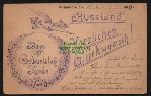 139849 AK Glückwunsch zum Geburtstag Russland Feldpost 1918 handgemalt Taube