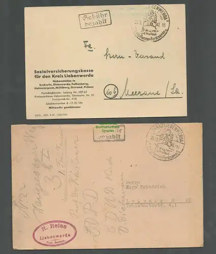 B-5656 SBZ Gebühr Bezahlt 2x Bad Liebenwerda 1945 1947 Sozialversicherungskasse