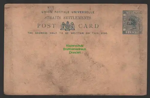 B10173 Postkarte Ganzsache Straits Settlements Two auf 3 Cents ungebraucht