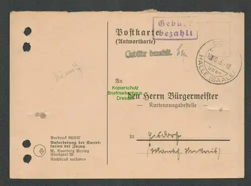 B-5569 SBZ Gebühr Bezahlt Postkarte Gemeinde Diemitz 1945 über Halle Saale