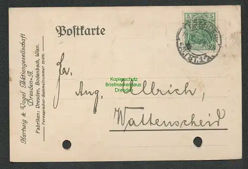 B-5390 Postkarte DR 1916 Hartwig & Vogel AG Perfin Firmenlochung HV