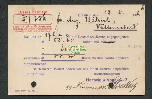 B-5390 Postkarte DR 1916 Hartwig & Vogel AG Perfin Firmenlochung HV