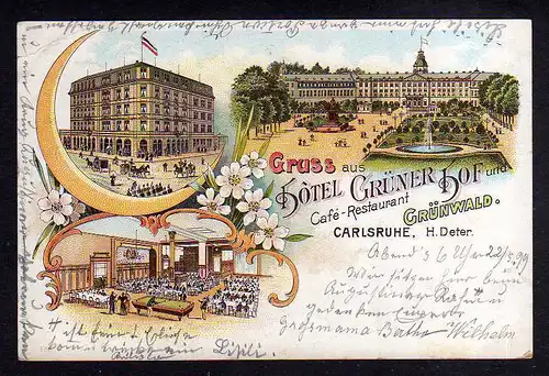 99884 AK Litho Karlsruhe Baden 1899 Hotel Grüner Hof Cafe Restaurant H. Deter
