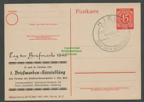 B-5489 Alliierte Besetzung Ganzsache privater Zudruck Kiel Tag d Briefmarke 1946