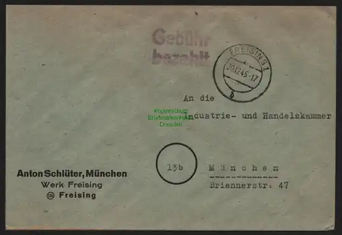 B10399 Brief BAZ Gebühr bezahlt 1945 Freising nach München