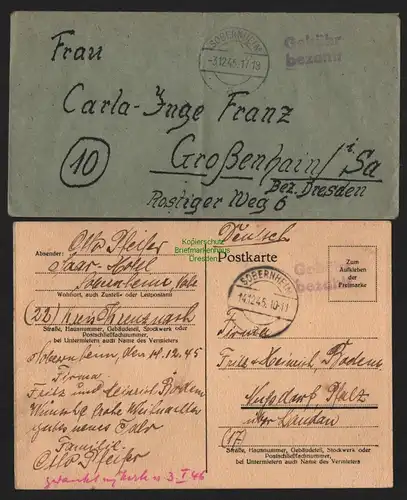 B10418 Brief + Postkarte BAZ Gebühr bezahlt 1945 Sobernheim nach Großenhain
