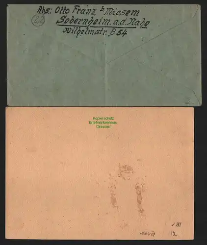 B10418 Brief + Postkarte BAZ Gebühr bezahlt 1945 Sobernheim nach Großenhain
