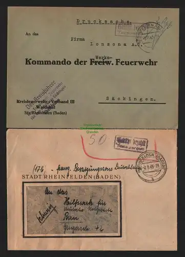 B10452 2x Brief BAZ Gebühr bezahlt 1945 Drucksache Rheinfelden nach Säckingen