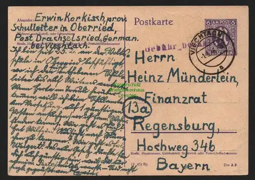 B11060 Ganzsache BAZ Gebühr bezahlt 1946 Viechtach nach Regensburg Finanzamt