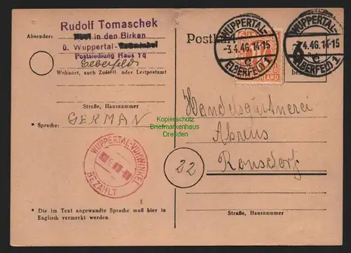 B11061 Notganzsache BAZ Gebühr bezahlt 1946 Wuppertal-Vohwinkel nach Ronsdorf