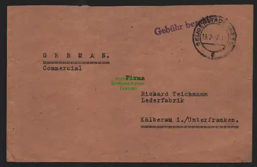 B10550 Brief BAZ Gebühr bezahlt 1945 Seligenstadt nach Kälberau