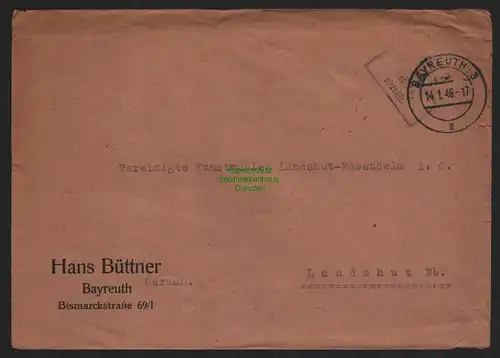 B10581 Brief BAZ Gebühr bezahlt 1946 Bayreuth nach Landshut