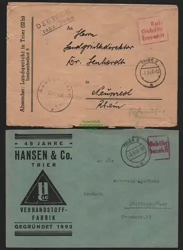 B10518 2x Brief BAZ Gebühr bezahlt 1946 Trier nach Dillingen Saar 1947 Neuwied