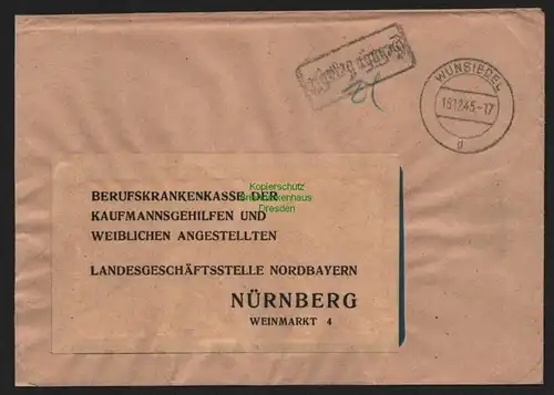B10497 Brief BAZ Gebühr bezahlt 1945 Wunsiedel nach Nürnberg Berufskrankenkasse