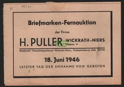 B10571 Brief BAZ Gebühr bezahlt 1946 Wickrath Niers nach Düsseldorf