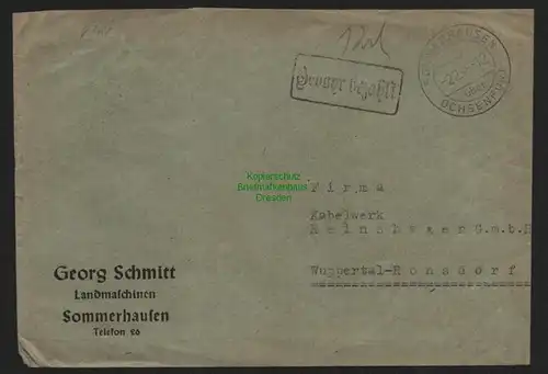 B10478 Brief BAZ Gebühr bezahlt 1946 Sommershausen über Ochsenfurt nach Wupper