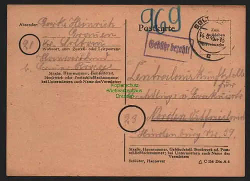 B10477 Postkarte BAZ Gebühr bezahlt 1945 Soltau nach Norden Ostfriesland