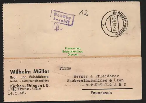 B10591 Brief BAZ Gebühr bezahlt 1946 Efringen-Kirchen nach Stuttgart Feuerbach