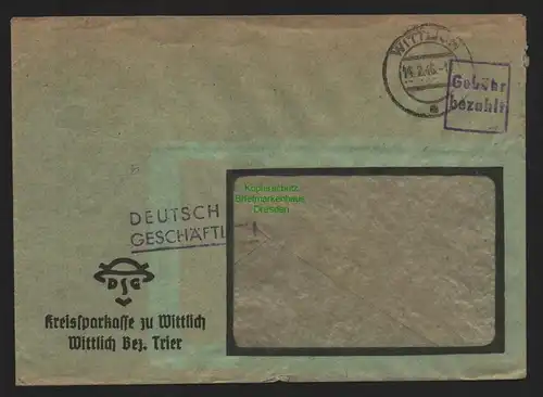 B10534 Brief BAZ Gebühr bezahlt 1946 Wittlich Bez. Trier Kreissparkasse