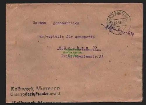 B10561 Brief BAZ Gebühr bezahlt 1946 Unterrodach Kalkwerk Murmann nach Müchen