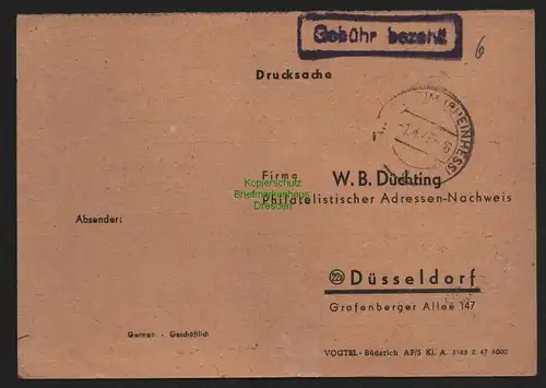 B10487 Brief BAZ Gebühr bezahlt 1947 Undenheim Rheinhess. nach Düseldorf