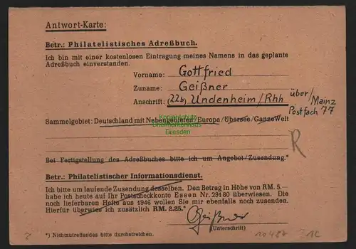 B10487 Brief BAZ Gebühr bezahlt 1947 Undenheim Rheinhess. nach Düseldorf