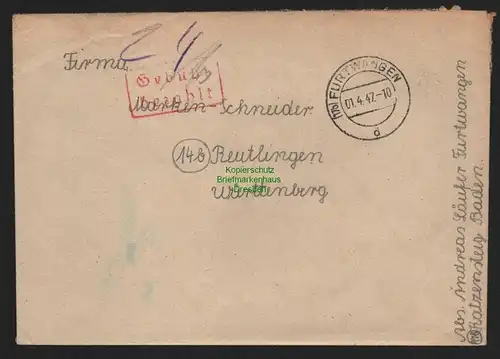 B10600 Brief BAZ Gebühr bezahlt 1947 Furthwangen nach Reutlingen