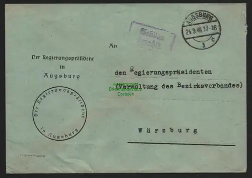 B10580 Brief BAZ Gebühr bezahlt 1946 Regierungspräsident Augsburg nach Würzburg