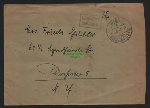 B10532 Brief BAZ Gebühr bezahlt 1947 Wies über Schopfheim nach Rochester USA
